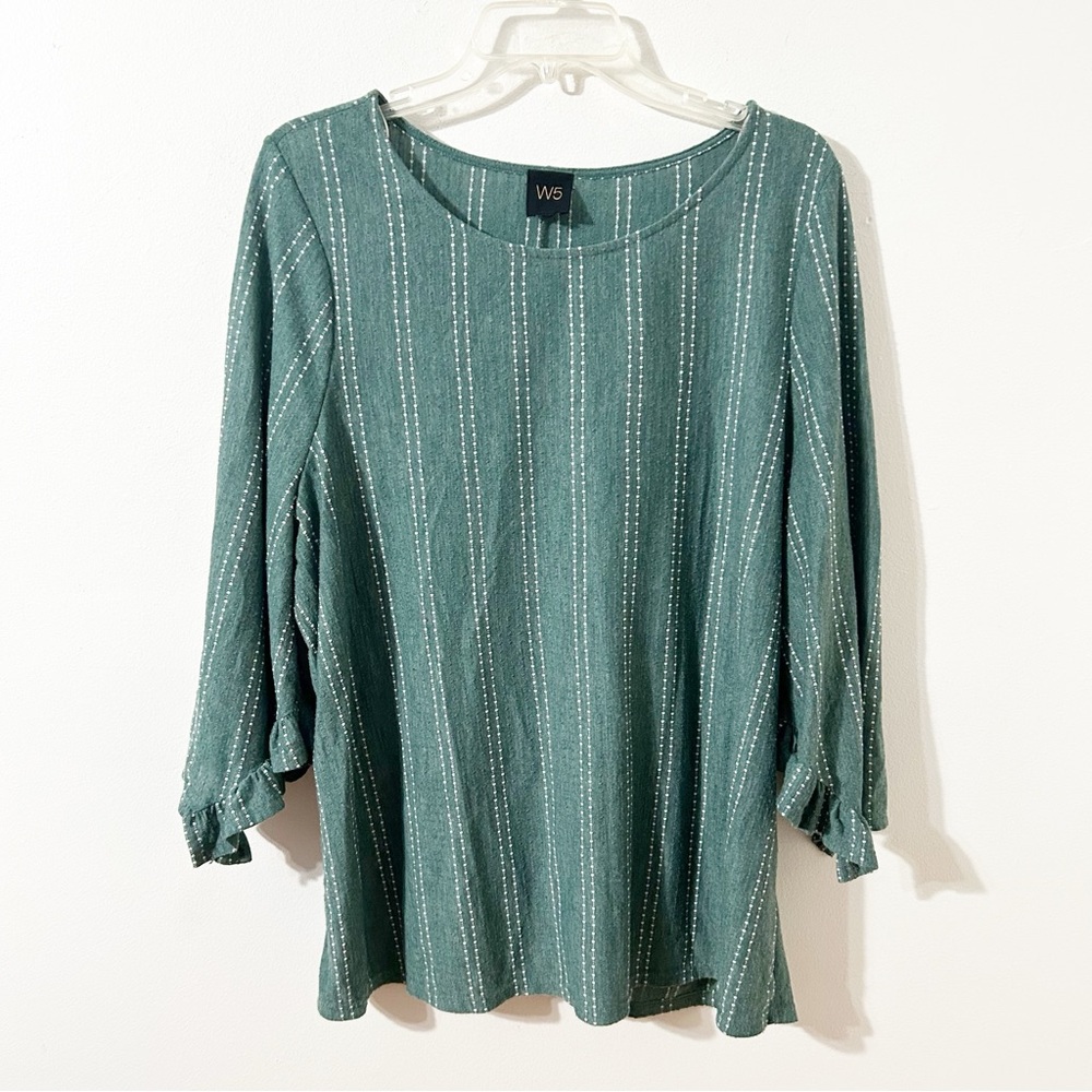 W5 Striped Pullover Knit Top with Three Quarter Split Ruffled Bell Sleeve 💚🤍